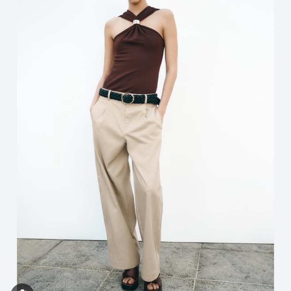 Zara Women's Tan Classic Chino Pants Trousers With Belt M L NWT